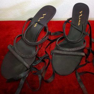 Nina Black Sparkle Strappy Wrap Heels